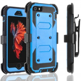 iPhone 5 Case, iPhone 5S Case, [SUPER GUARD] Dual Layer Hybrid Protective Cover With [Built-in Screen Protector] Holster Locking Belt Clip+Circle(TM) Stylus Touch Screen Pen And Screen Protector (Blue)